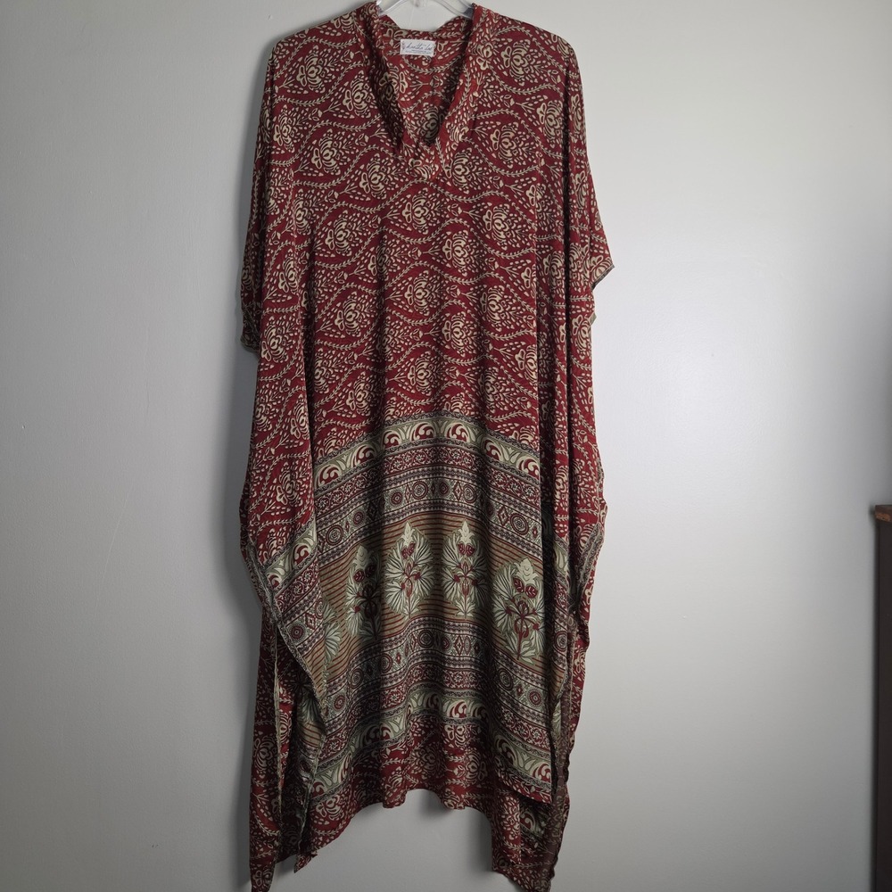 Kantha Bae Red Floral Paisley Silk Kaftan Maxi Dress with Pockets Boho One Size